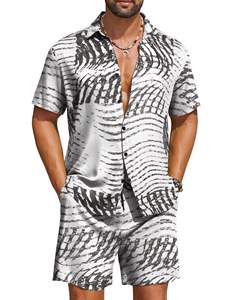 Conjunto de Camisa de Manga Corta con Botones y Pantalones Cortos a Juego con Estampado de Ondas Abstractas para Hombre, Atuendo Ligero Informal de Verano - Product Image 1