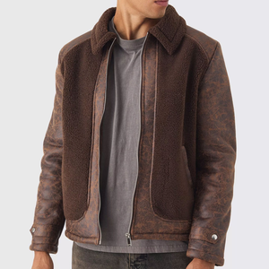Custom Men's Faux Leather Sherpa Jacket Winter Warm Zip Up Casual Fleece <b>Lined</b> Vintage Aviator <b>Coat</b> Streetwear Outerwear - Product Image 1