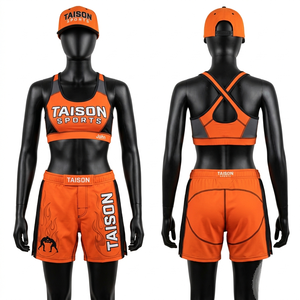 ชุดเสื้อชั้นในกีฬาและกางเกงขาสั้นพรีเมียม 280 GSM โพลีเอสเตอร์ผสมสแปนเด็กซ์ สีกากีดำ แต่งแถบสีตัดกัน พร้อมโลโก้แบบซับลิเมชั่นพิมพ์ลายด้วยความร้อน - Product Image 6