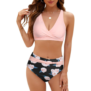 Conjunto de bikini con estampado floral, top con cuello en V profundo y nudo, parte inferior de cintura alta, traje de baño de dos piezas para playa - Product Image 1