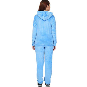 Ensemble de survêtement bleu à capuche pour femme, manches longues, fermeture éclair, couleur unie, tenue décontractée avec poches latérales, polyester mi-lourd - Product Image 4