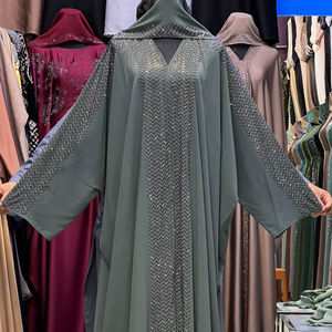 Robe de soirée Abaya verte à manches longues, ornée de perles et de paillettes, tenue formelle modeste pour mariage et fête de l'Aïd - Product Image 1