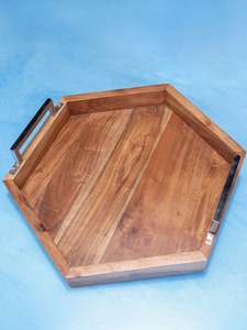 Plateau de service en bois pour thé et café avec poignées métalliques, forme hexagonale, plateau de service pour desserts et dattes, à vendre - Product Image 5