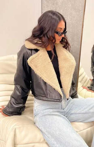 Chaqueta de piel sintética negra con estilo para mujer, abrigos gruesos, abrigo corto cálido de Invierno para mujer, chaqueta de PU de ónix para mujer - Product Image 5