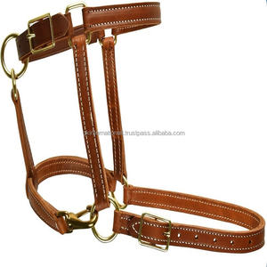 Tan en cuir véritable double pli cheval licou robuste fait à la main entièrement réglable cheval course licou avec du matériel en laiton - Product Image 3