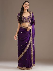 <b>Purple</b> Satin Silk <b>Saree</b> Embroidered Blouse Cutwork Border Traditional Indian Dress for Wedding Party Festive Wear - Product Image 2