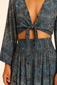 Conjunto de Dos Piezas de Verano para Mujer, Estilo Bohemio, Manga Tres Cuartos, Cuello en V, Detalle Recortado, Estampado Floral, Corte Holgado, 100% Seda - Product Image 2
