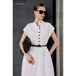 Vestido Maxi de Verano de Color Liso con Cuello Mandarín y Dobladillo Acampanado, Manga Corta, Botones Delanteros, Corte A, Tejido, para Oficina y Vacaciones [V9072] - Product Image 4