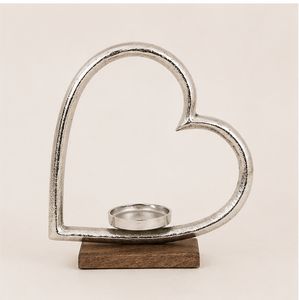 Porte-bougie chauffe-plat en aluminium de luxe en forme de cœur avec base en bois de manguier naturel, sculpture en métal argenté en forme de cœur pour une décoration romantique de la maison - Product Image 3