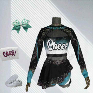 Uniforme de cheerleading avec embellissement en strass, impression par sublimation, style jupe, taille adulte, couleur noir, turquoise, blanc - Product Image 4
