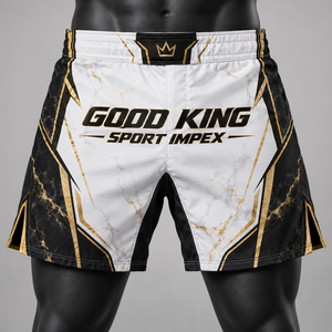 Sublimated Velcro Waist <b>Shorts</b> Marble White <b>Black</b> Gilded Trim Crown Emblem Split Hems Lightweight Polyester <b>Mens</b> Sports Team Kit - Product Image 5