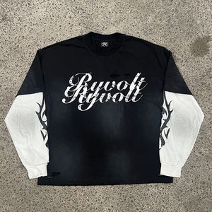 Men 100% Cotton Heavy Weight Men's Oversized T-shirts Custom Distressed Washed Printed Double Layer Long Sleeve <b>Tshirt</b> for Men - Product Image 1