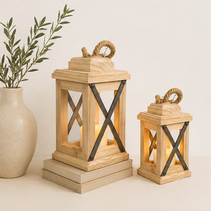 Handcrafted Rustic Wooden Candle <b>Lantern</b> Set with Rope Handle Vintage Farmhouse Decorative Floor <b>Lantern</b> for <b>Indoor</b> Outdoor - Product Image 1