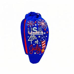 Wholesale 4th Of July <b>Beaded</b> <b>Headband</b>- Handmade Patriotic USA Flag And Fireworks Knot Hair Accessory - Product Image 5
