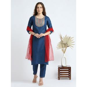 ATTRACTIVE SLUB COTTON EMBROIDERY SEQUENCE WORK <b>TOP</b> BOTTOM WITH DUPATTA <b>NAVY</b> BLUE - Product Image 1
