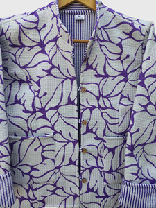 Plus Size Women Cotton Waffle Jacket Purple Floral Print V Neck Horn <b>Button</b> Casual <b>Coat</b> - Product Image 6
