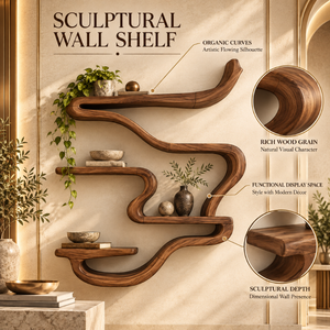 Étagère murale en bois bio |   Étagère flottante artistique au design sculptural incurvé, grain de bois naturel, décoration moderne pour la maison, rangement - Product Image 5