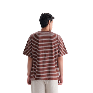 Camiseta de punto a rayas marrones para hombre, informal, de manga corta, cuello redondo, algodón, corte holgado, estilo urbano de verano, top de moda - Product Image 5