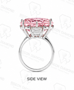 Extraordinary <b>statement</b> <b>ring</b> in platinum finish 18K white gold with fancy pink oval diamond and tapered baguette side diamonds - Product Image 5