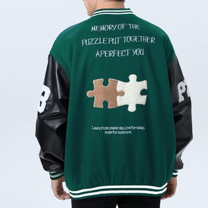 <b>Men's</b> Black Varsity <b>Jacket</b> Embroidered <b>Letter</b> A Patch Design PU Leather Sleeves Preppy Style Autumn Wear - Product Image 5