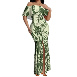 Elegante Vestido de Cola de Pez con Hombros Descubiertos y Diseño Tribal Samoano Polinesio con Pliegues para Mujer, Venta al por Mayor, Vestido Personalizado - Product Image 1