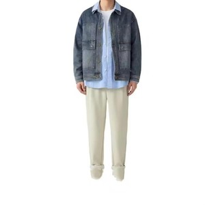 Veste de travail en jean délavé vintage personnalisée, vente en gros, poches à rabat avec patchs, fermetures à boutons, col pointu, OEM USA, usine en gros - Product Image 2