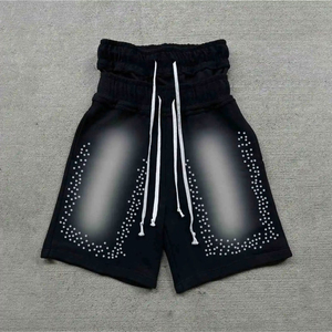 Custom High Quality 100% Cotton Eco-Friendly Wash Sun Faded Sweat <b>Shorts</b> Jogging Vintage Rhinestone Double Waisted - Product Image 1
