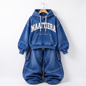 Conjunto de chándal de mezclilla azul lavado para mujer, sudadera con capucha oversize, pantalones anchos holgados con cordón, ropa urbana, OEM personalizado, venta al por mayor - Product Image 5