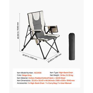 Chaise de camping pliante à dossier haut pour l'extérieur, 3 positions inclinables, entièrement rembourrée, capacité de charge de 260 lb - Product Image 4