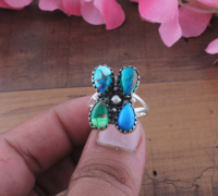 Bague Fleur Paon en Argent Sterling 925 avec Turquoise et Grappe de Pierres Précieuses Naturelles Multicolores, Bijoux Fins pour Femme, Vente en Gros