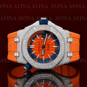 Reloj de Lujo con Incrustaciones de Moissanita para Hombre, Estilo Hip Hop |   Reloj automático con correa de caucho naranja |   Reloj Deportivo con Diamantes Incrustados - Product Image 5