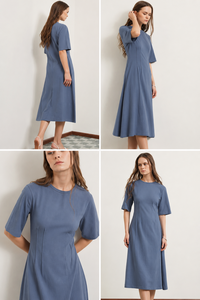 Robe midi en coton 100% pour femmes, coupe évasée avec plis |   Robes d'été décontractées bleues unies à col rond et manches courtes pour filles - Product Image 3