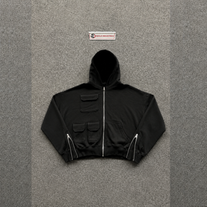 EVERYDAY STREETWEAR BLACK OVERSIZED ZIP UP HOODIE WITH UTILITY POCKETS MODERN With Multiple Pockets And Sleeve Zippers Casual St - Product Image 5