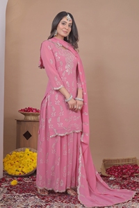 Glamorous Georgette Glitter <b>Sequin</b> Top Pack <b>Flared</b> Bottom Palazzo With Long Dupatta Stitched Three Piece Partywear Suit - Product Image 3