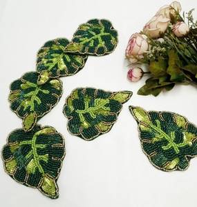 Handmade Green Leaf Shape Knitted Eco-friendly Beaded Coasters for Home & Hotel Use - Product Image 2