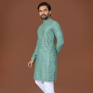 Designer Cotton <b>Kurta</b> <b>Pajama</b> Set with Lucknowi Work And Digital Print Weaving Silk Neck Design Antique Buttons - Product Image 6
