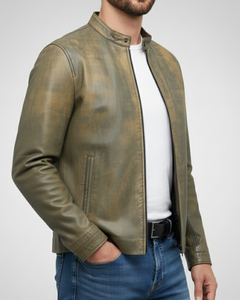 Men's Washed Olive Green Leather Moto <b>Jacket</b> Stand Collar Zipper Closure <b>Slim</b> <b>Fit</b> Regular Length Autumn Style - Product Image 4