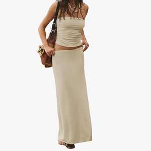Conjunto de 2 Piezas para Mujer, Top Tubo sin Tirantes y Falda Larga, Color Sólido, Casual, Primavera Verano, Tejido de Punto, Spandex y Algodón - Product Image 1