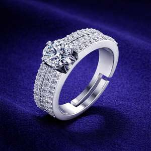 Bague de fiançailles de mariage en argent 925 avec diamant rond, ajustable, solitaire, cadeau de la Saint-Valentin en gros - Product Image 1