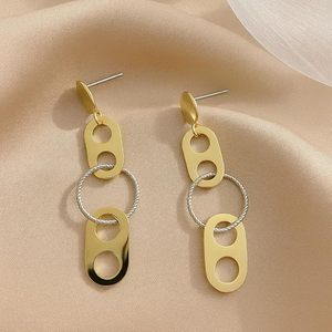 925 Sterling <b>Silver</b> Gold-Plated Geometric Dangle <b>Earrings</b> for Women Dual-Tone Oval & <b>Silver</b> Textured Circle <b>Long</b> Drop Design - Product Image 1
