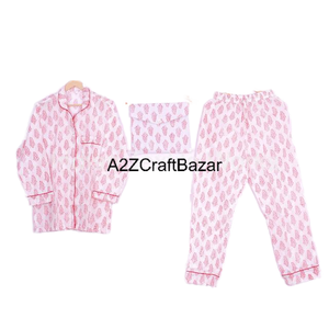 Ensemble pyjama en coton indien pour femmes, taille élastique, respirant, imprimé floral, manches longues, vêtements de nuit d'été, tricoté, hiver - Product Image 1