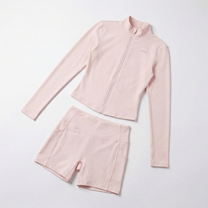 Light Pink <b>Zip</b> <b>Up</b> <b>Jacket</b> & Shorts Set | Long Sleeve Stand Collar Activewear Set | High Waist Shorts | Custom OEM Manufacturer - Product Image 1