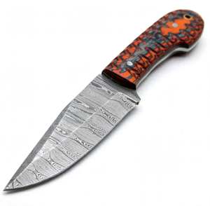 Herramienta de campo personalizada hecha a mano con acero de Damasco trenzado, mango G10 naranja y negro en capas - Product Image 2