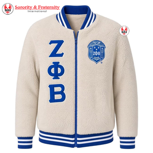 เสื้อแจ็คเก็ตบอมเบอร์ Zeta Phi Beta สำหรับผู้หญิง ระบายอากาศได้ดี ตกแต่งด้วยผ้าฟลีซสีน้ำเงินรอยัล แต่งขอบลายทางสีขาว ผ้าเชนิลล์ลายกรีก - Product Image 6