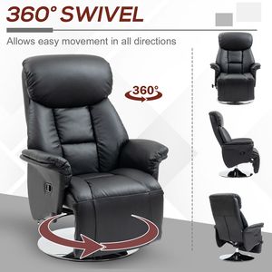 Adjustable PU Leather Swivel Recliner <b>Chair</b> with Steel Base Black; <b>Padded</b> Arms Footrest and Handle Mechanism Sponge Filled - Product Image 5