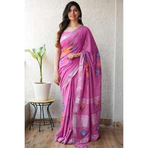 Elegante Saree de Lino Estampado de Diseñador con Blusa de Lino, Saree Ligero Ideal para el Verano a Precio de Mayoreo - Product Image 1