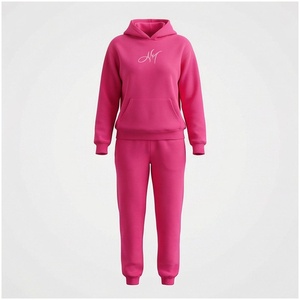 Women <b>Pink</b> Hooded <b>Tracksuit</b> 2-Piece Fleece Sweatshirt Pants Set Casual Solid Color Full Sleeve Autumn Wear - Product Image 1