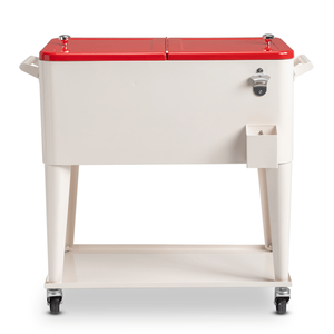 Nevera Portátil Rectangular de Plástico Blanco Lechoso de 80QT con Tapa Roja, 87.5*38.5*91cm, Patas de Hierro, Aislamiento para Congelador, Carro con Ruedas - Product Image 2