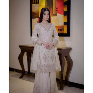 Designer Evening Dress <b>Top</b> <b>with</b> Plazzo and Dupatta Embroidery Thread and <b>Sequins</b> Work - Product Image 2