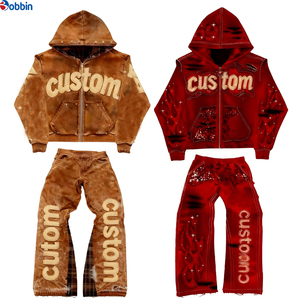 Conjunto de Sudadera con Capucha Casual Estampada Personalizada de Última Tendencia para Hombre, Pantalones de Chándal Acampanados Bordados, Chándal Vintage de Estilo Urbano de Gran Gramaje - Product Image 6